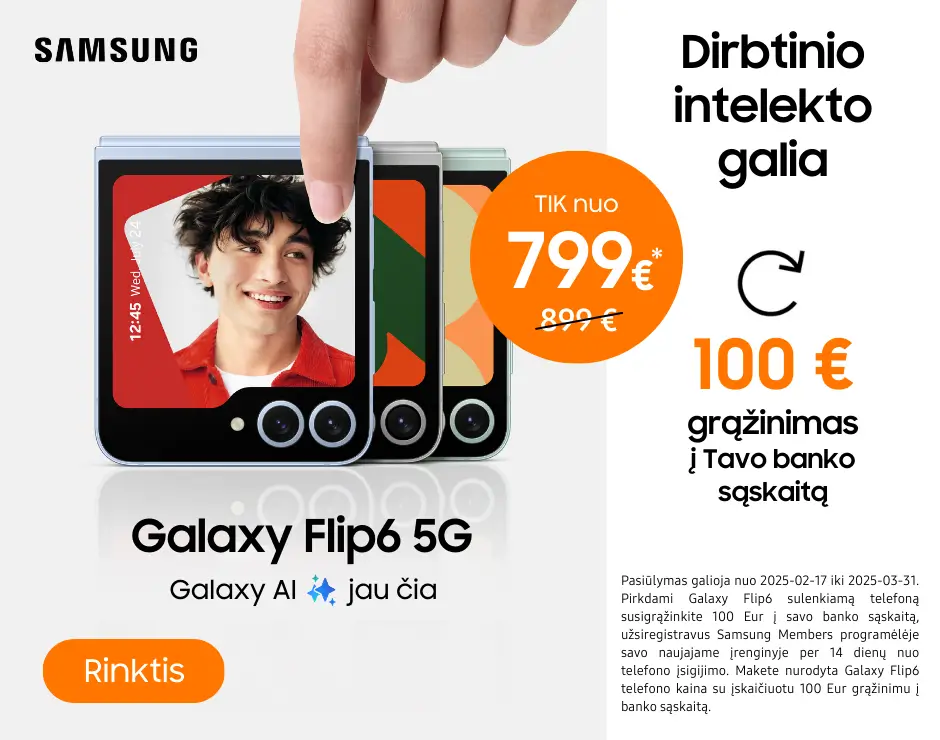 Samsung Galaxy Flip6 akcija 100 Eur cashback, Mobili prekyba