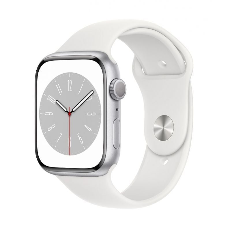 Apple_Watch_Series_8_GPS_45mm_Silver_Aluminum_White_Sport_Band_34FR_Screen__USEN