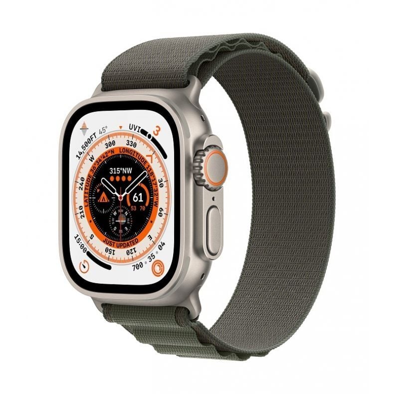 Apple_Watch_Ultra_Cellular_49mm_Titanium_Green_Alpine_Loop_34FR_Screen__USEN