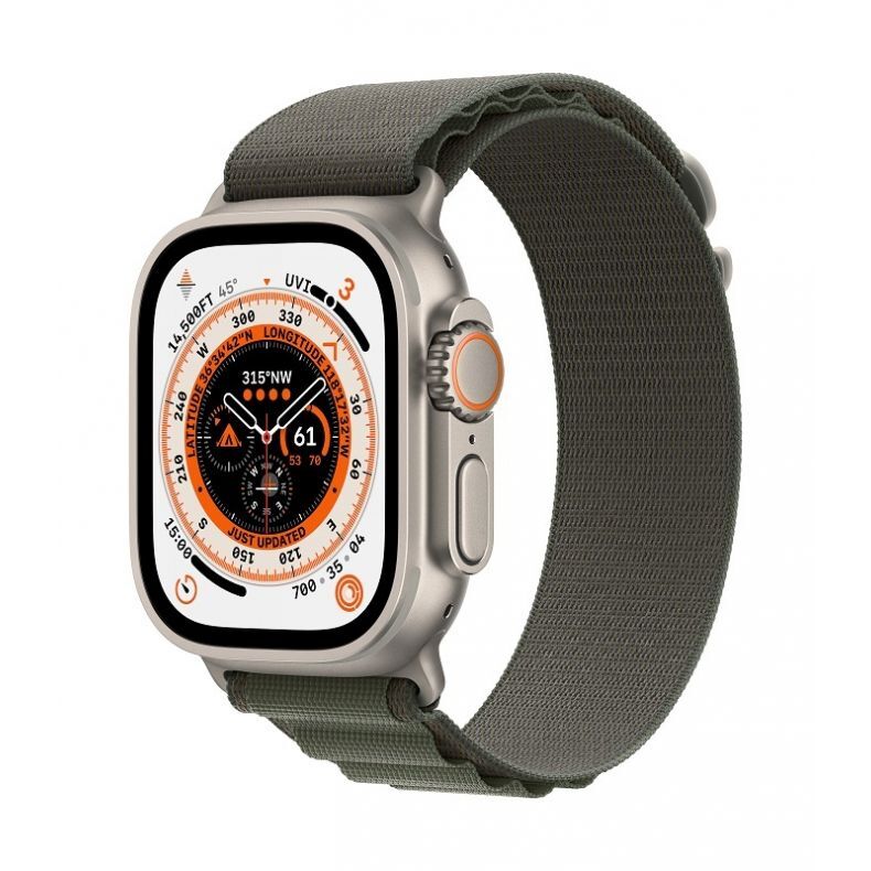 Apple_Watch_Ultra_Cellular_49mm_Titanium_Green_Alpine_Loop_34FR_Screen