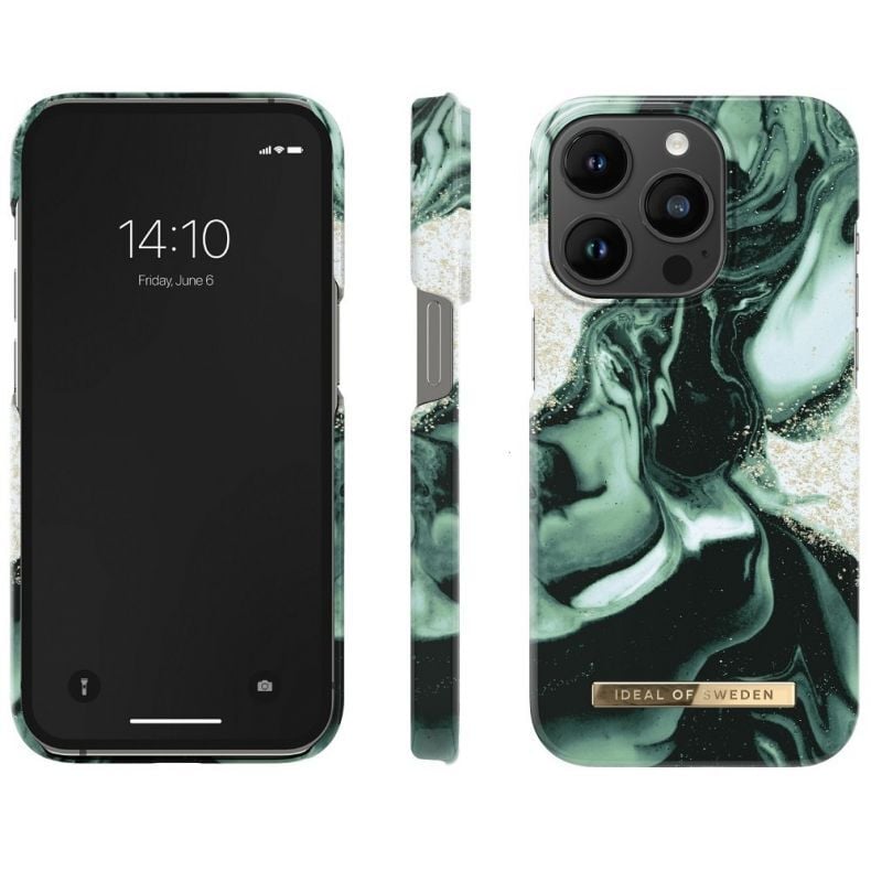 IDEAL OF SWEDEN dėklas iPhone 14 Pro Golden Olive Marble