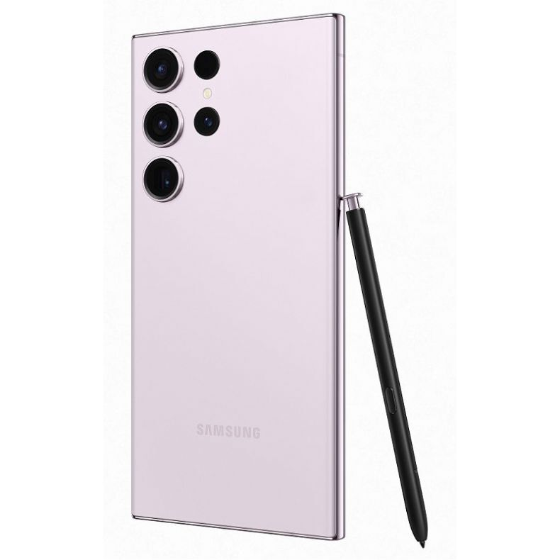  Samsung_galaxy_s23_ultra_lavender spalvos_nugarele_su piestuku_kampu_kaire puse