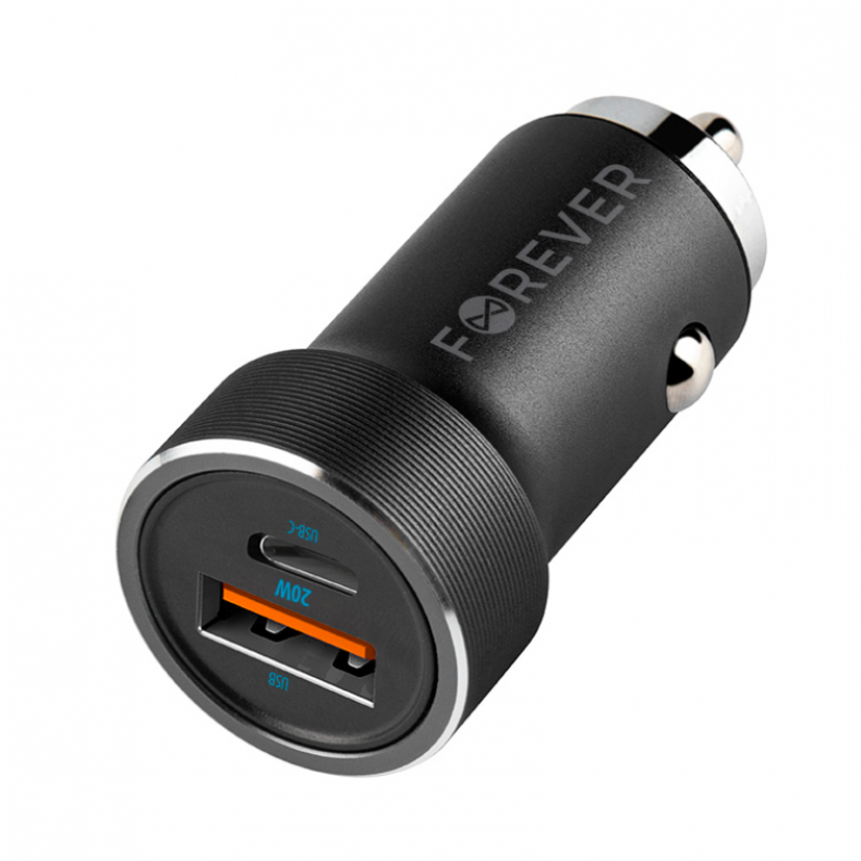 Automobilinis įkroviklis Forever USB-C ir USB-A, 20 W Black (juodas), 1 nuotrauka