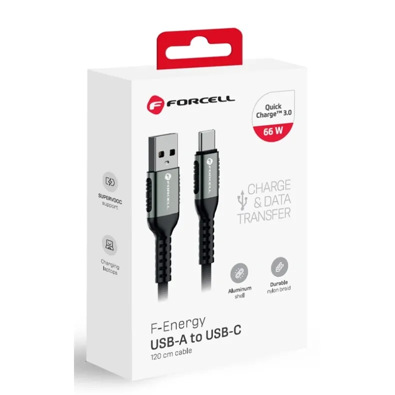 Forcell įkrovimo laidas USB-A į USB-C, 1,2m - 66W, juoda, 2 nuotrauka